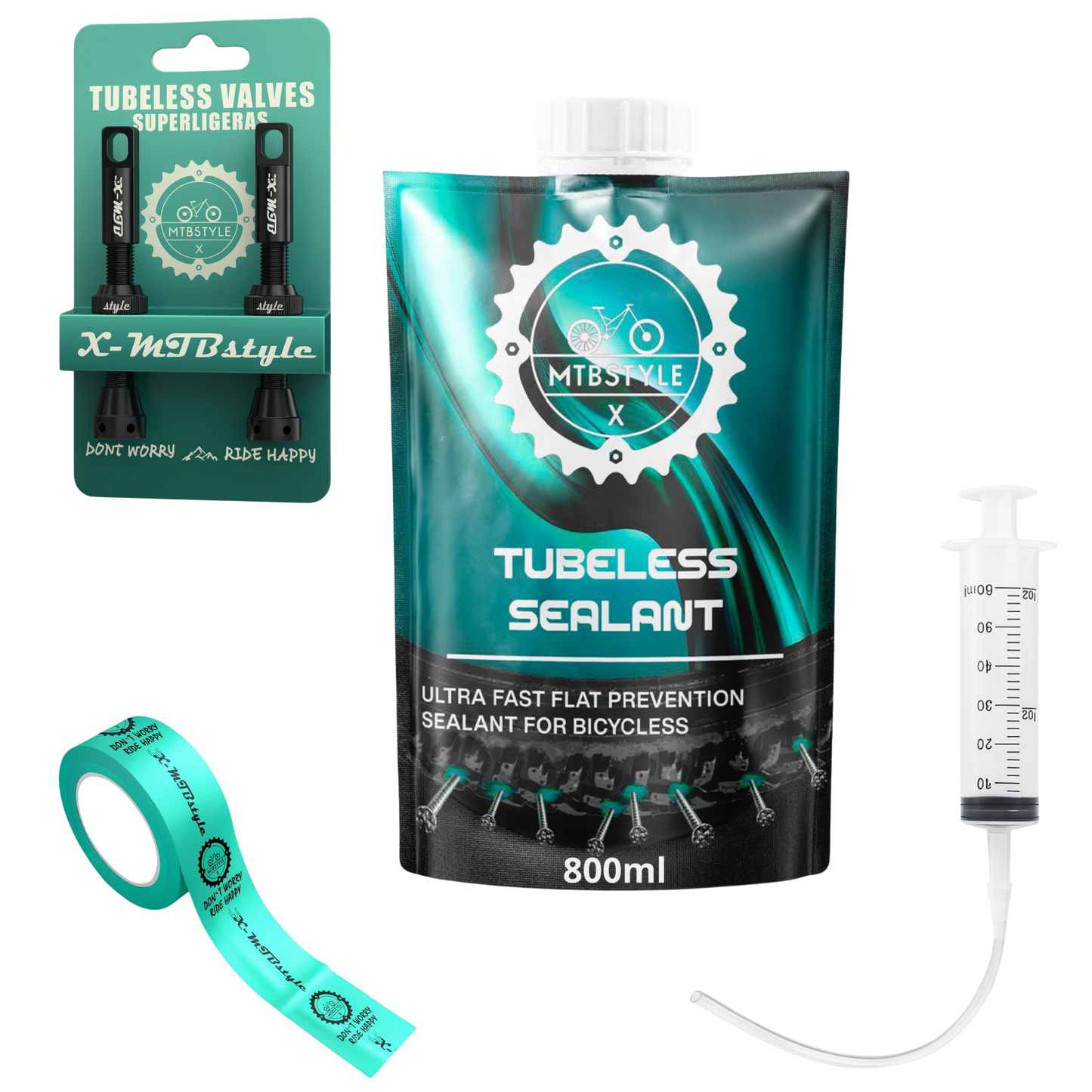 Kit tubeless Liquido tubeless 800ml + Valvulas tubeless + Fondo de llanta 25mm + Jeringuilla